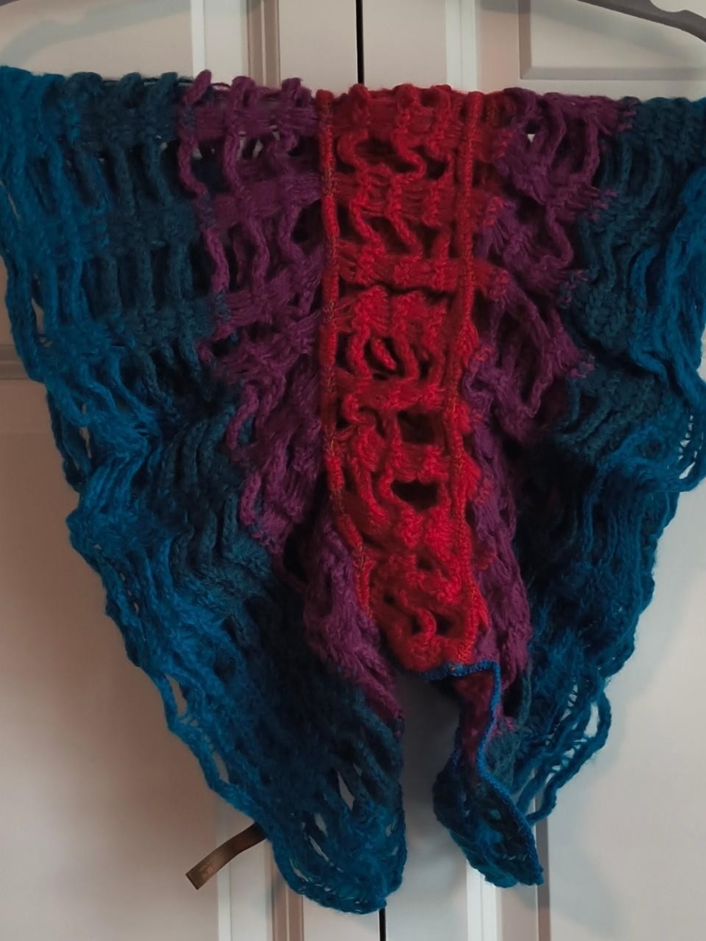 Handmade Open-Knit Gradient Women’s Scarf- Teal, Purple & Red